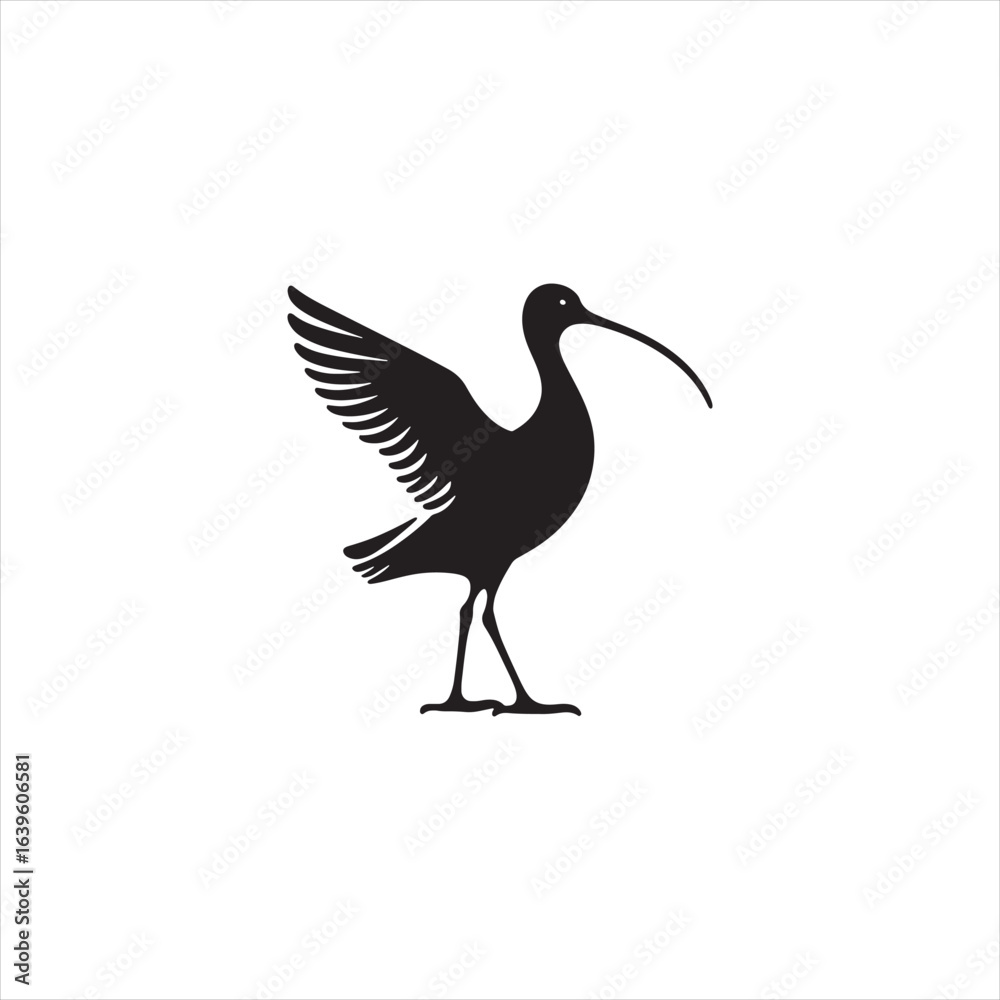 Obraz premium Elegant Curlew Silhouette Vector Art – Long-Legged Wading Bird with Distinctive Downcurved Beak, Minimal Black Outline Perfect for Wetland Wildlife Themes, Nature Logos, and Coastal Decorative Prints 