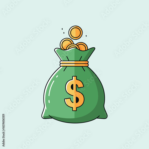 A cartoon illustration of a green money bag overflowing with gold coins, featuring a prominent dollar sign.