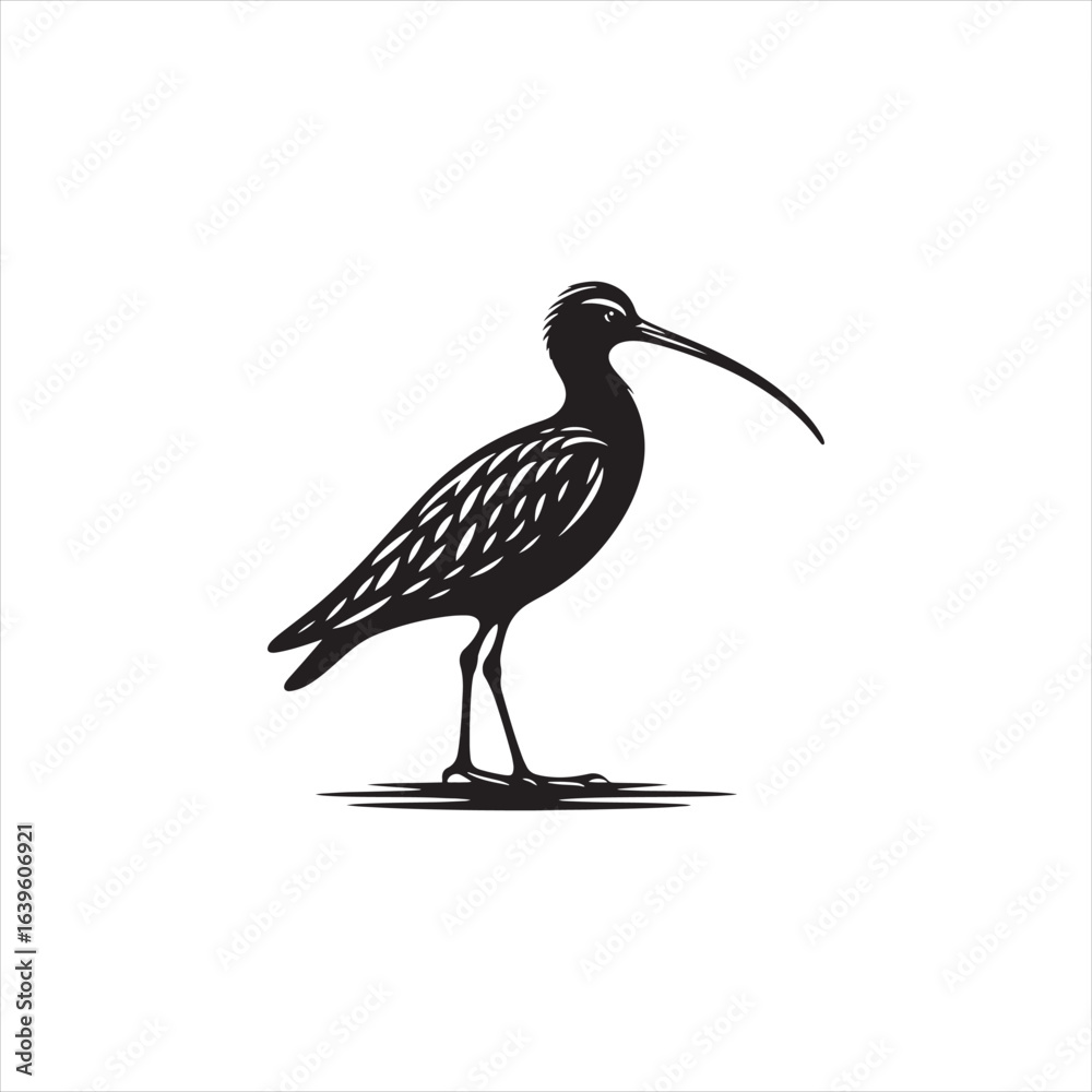 Fototapeta premium Elegant Curlew Silhouette Vector Art – Long-Legged Wading Bird with Distinctive Downcurved Beak, Minimal Black Outline Perfect for Wetland Wildlife Themes, Nature Logos, and Coastal Decorative Prints 