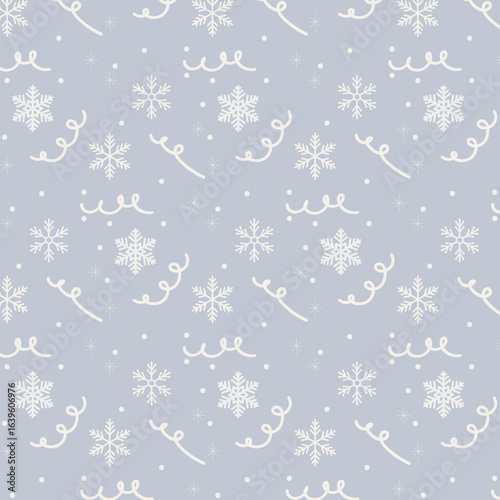 White Christmas Seamless Pattern with Snowflakes, Tinsel and Stars
