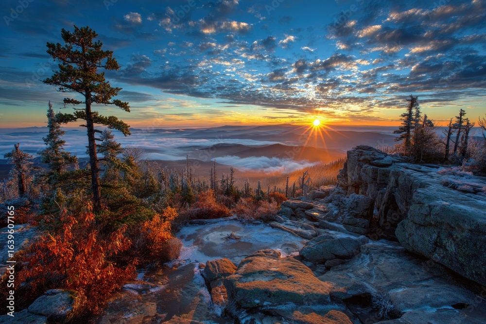 Sunrise over a mountain peak, frosted rocks and trees Sunrise over a mountain peak, frosted rocks and trees