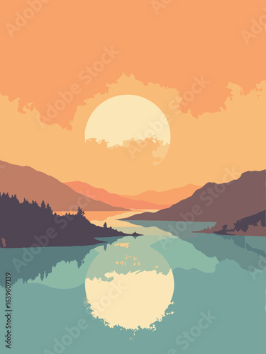 Titan – Hazy orange nitrogen horizon with ethane lake reflections, palette: amber haze, lake teal, methane blue, soot brown