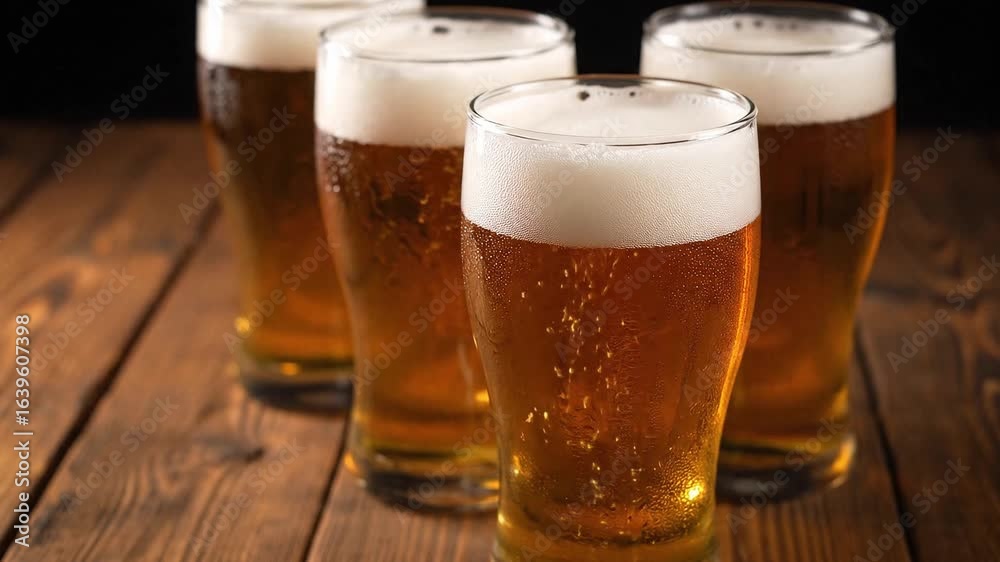 Four glasses of golden beer with foamy heads sit on a dark rustic wooden table Four glasses of golden beer with foamy heads sit on a dark rustic wooden table