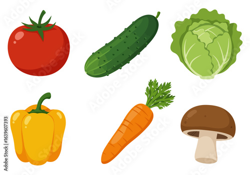 Assorted cartoon vegetables tomato cucumber cabbage bell pepper carrot and mushroom on a white background