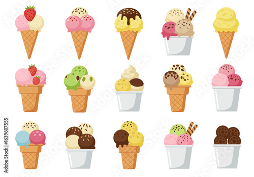 Collection of ice cream cones and cups with various flavor scoops on a white background