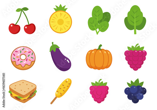 Colorful food icons are arranged on a white background with a mix of healthy and unhealthy options