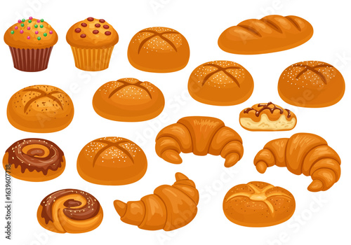 Illustration of a variety of baked goods including muffins rolls croissants and a loaf of bread