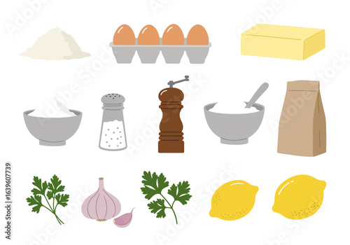 Image shows various cooking ingredients flour eggs butter herbs lemons garlic spices and staples in containers