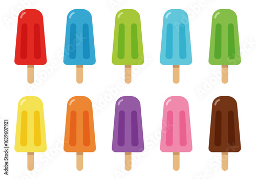Ten colorful popsicles arranged in two rows against a white background