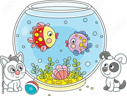 Cheerful kitten and puppy watching funny fishes swimming in a round aquarium with a tropical shell and seaweeds, vector cartoon illustration on a white background