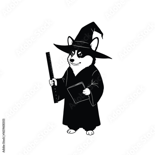 Corgi Wizard Ready to Cast Spells with Robe Hat Book and Measuring Tool on White Background Vector Illustration