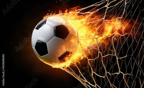 Soccer ball bursting through a flaming net