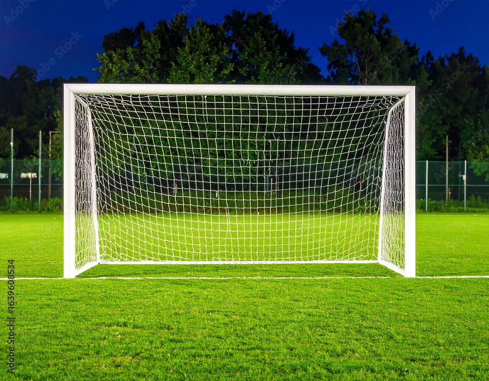 Fototapeta premium A soccer goal on a grassy field at night.