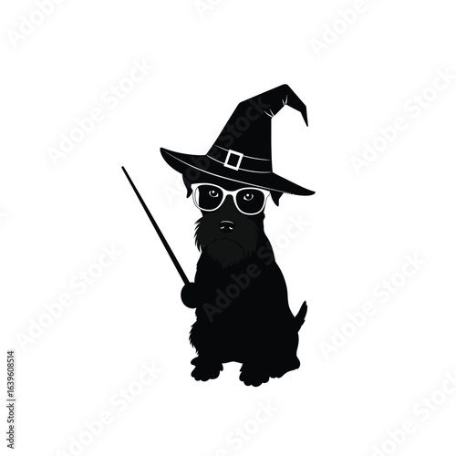 Black Scottish Terrier dog dressed as a wizard with hat glasses and wand for Halloween or costume party themed designs