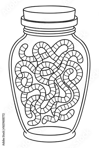 Jar filled with squirmy worms, creepy and fun black and white coloring page.
