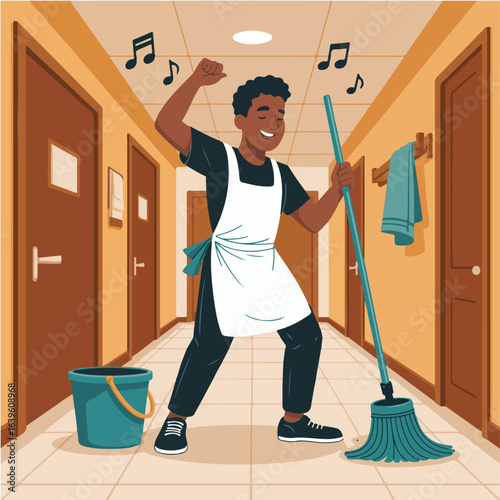 Illustration of a happy janitor dancing with a mop in a hallway with music notes above his head and a bucket