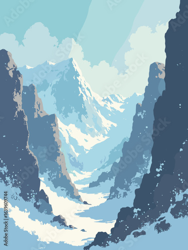 Ariel – Rugged canyons and bright scarps with icy sheen, palette: glacier silver, cream white, slate, aquamarine edge