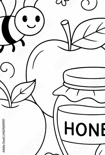 Rosh Hashanah Coloring Page – Apple, Honey Jar, and Cute Bee – Jewish New Year Symbols