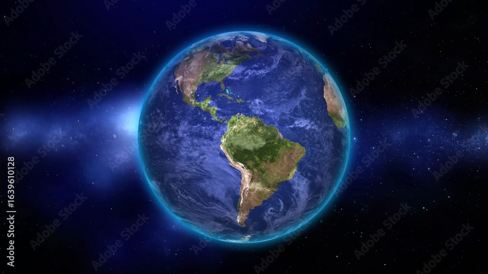 Fototapeta premium Planet Earth viewed from space showing North and South America with a glowing blue atmosphere and starry background