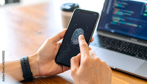Secure access with fingerprint scan on smartphone using biometric authentication on modern tech device