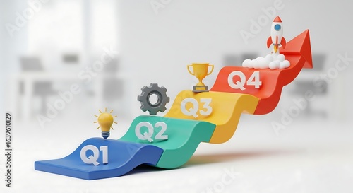 A colorful 3d rendering showcasing a business growth concept and quarterly progress with a rising rocket and trophy