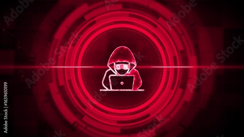 Red digital hacker icon with laptop and circular H U D elements cybercrime technology