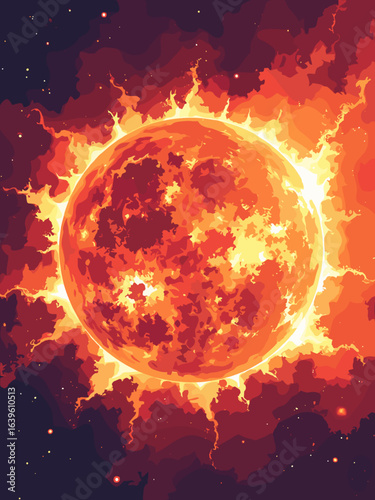 Sun – Solar prominence loop over active region with magnetic filaments, palette: molten gold, ember red, plasma white, obsidian
