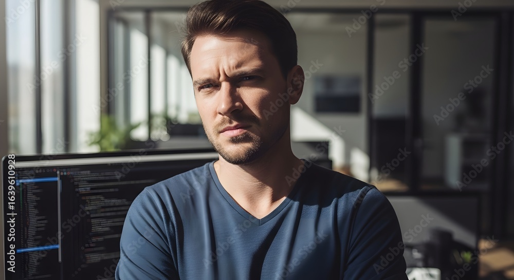 Obraz premium Close-up of a serious young man in a blue shirt looking directly at the camera, with a computer screen displaying code in the background.
