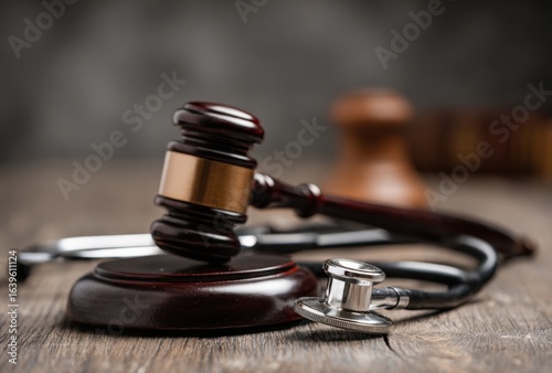 A gavel and stethoscope resting on a , symbolizing legal and medical concepts, healthcare, and justice.
