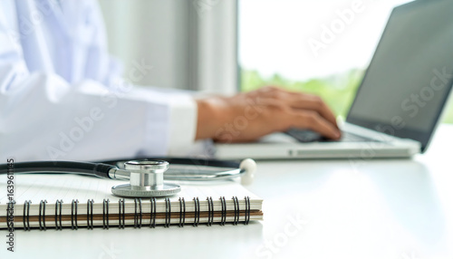 Efficient doctor using laptop with stethoscope on notepad in bright office for telehealth solutions