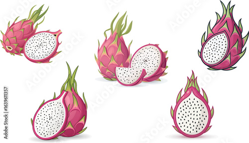 Flat lay illustration of six dragon fruits, whole and sliced, showcasing vibrant pink and white flesh against a clean white background, in a bright, healthy style.