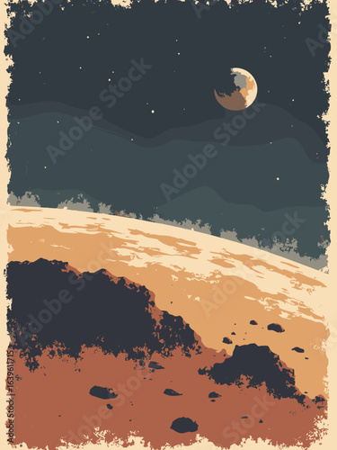Phobos – Close approach showing grooved surface textures and horizon curvature, palette: graphite, beige dust, rust, cold black