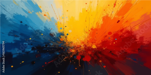 Vibrant colorful grunge paint splashes on a dark textured background with hot orange, red, and yellow tones creating a fiery artistic abstract design