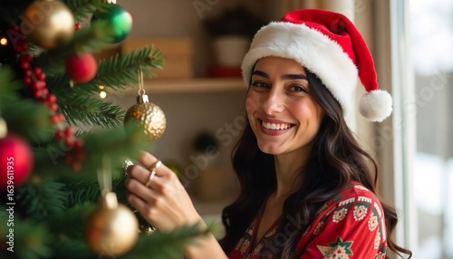  A woman wearing a Santa hat smiles warmly, decorating a Christmas tree, background christmas.