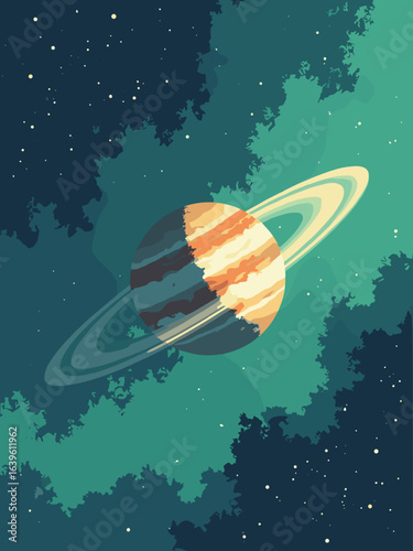 Jupiter – Aurora curtain near pole with magnetospheric glow, palette: emerald green, amber, storm beige, star white