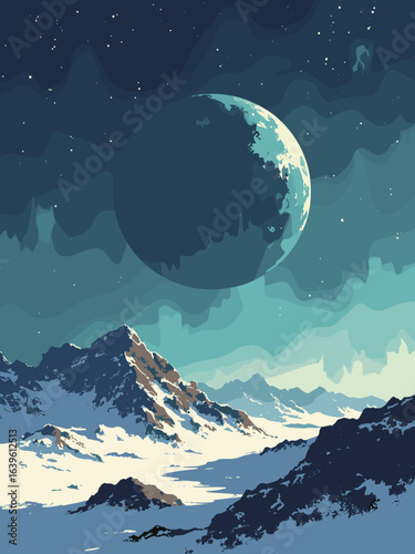 Ganymede – Polar dark terrain with subtle auroral bands, palette: iced gray, teal flash, umber, moonlight silver