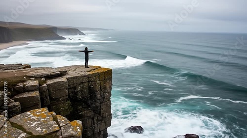 Person Standing on Cliffside with Arms Outstretched Over Ocean Waves