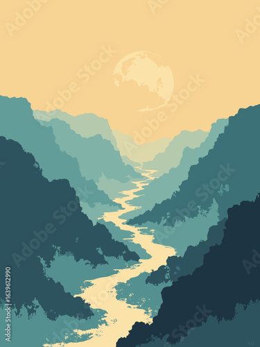 Titan – River delta feeding hydrocarbon sea with fog bank, palette: amber haze, river tar black, teal, pale gold