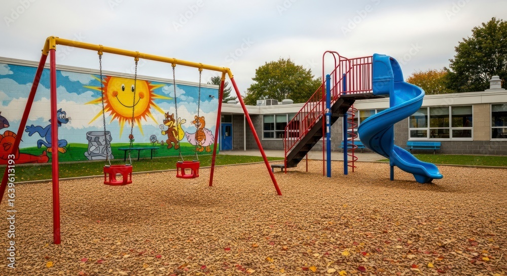 Fototapeta premium Serene Autumn Playground: Colorful Swings, Spiral Slide, and Whimsical Mural