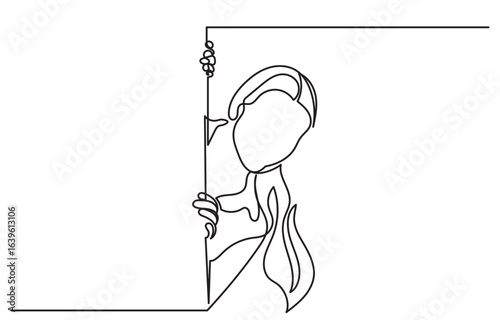 Continuous line drawing of a Surprised young woman peeking behind a blank banner.Single line Girl Posing Hiding Behind Empty White Board.Female Holding Paper Poster Advertising concept. 