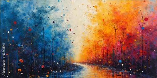 Colorful abstract watercolor grunge background with fiery tones and textured sky elements