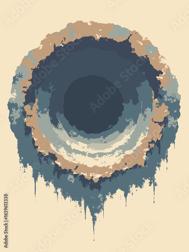 Callisto – Valhalla basin radial patterns with shadowed ridges, palette: stone gray, rust, cream, twilight indigo