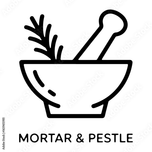 Black outline mortar and pestle with herbs grinding