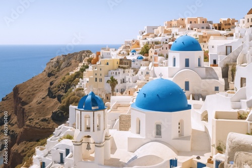 Picturesque Oia Village in Santorini, Greece: Whitewashed Buildings, Blue Domed Churches, and Aegean Sea Views