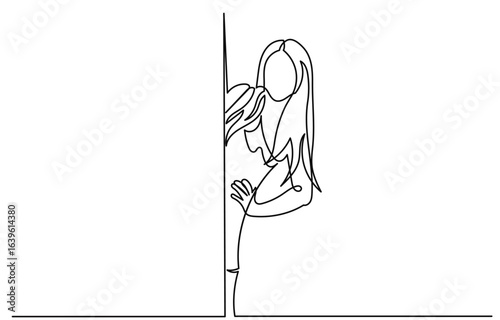 Continuous line drawing of a Surprised young woman peeking behind a blank banner.Single line Girl Posing Hiding Behind Empty White Board.Female Holding Paper Poster Advertising concept. 