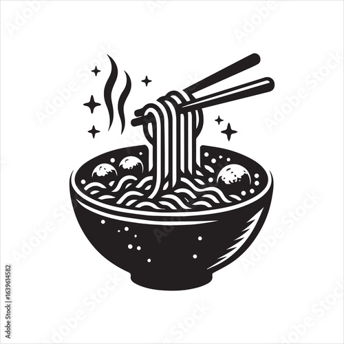 Delicious Bowl of Noodles with Chopsticks Steam and Star Accents.
