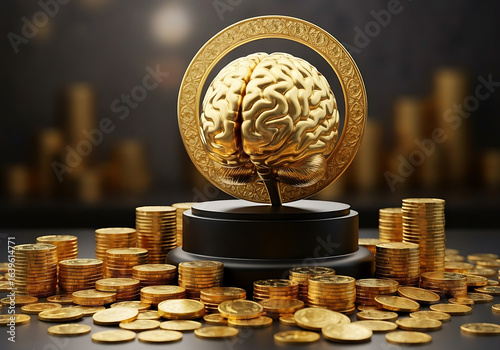 Concept of think and gold rich . thought process, health, decoration, cerebellum, money, thinkingม method, golden, neurology, head, human, control, achieve, attain, comprehend, medical, graphic .