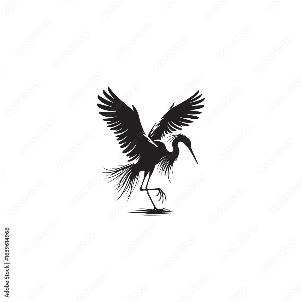 Fototapeta premium Graceful Egret Silhouette Vector Art – Elegant Wading Bird with Long Neck and Legs, Minimal Black Outline Perfect for Wetland Wildlife Themes, Nature Logos, and Decorative Prints 