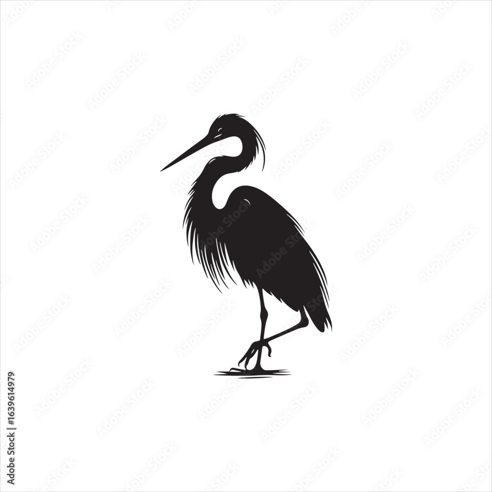 Obraz premium Graceful Egret Silhouette Vector Art – Elegant Wading Bird with Long Neck and Legs, Minimal Black Outline Perfect for Wetland Wildlife Themes, Nature Logos, and Decorative Prints 