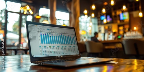 Close Up Laptop Screen Business Intelligence Software Bright Sophisticated Cafe